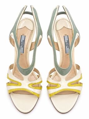 Prada 2012 Hot Rod Flame Patent Cutout Slingback Heels 38 Ivory Yellow Sage